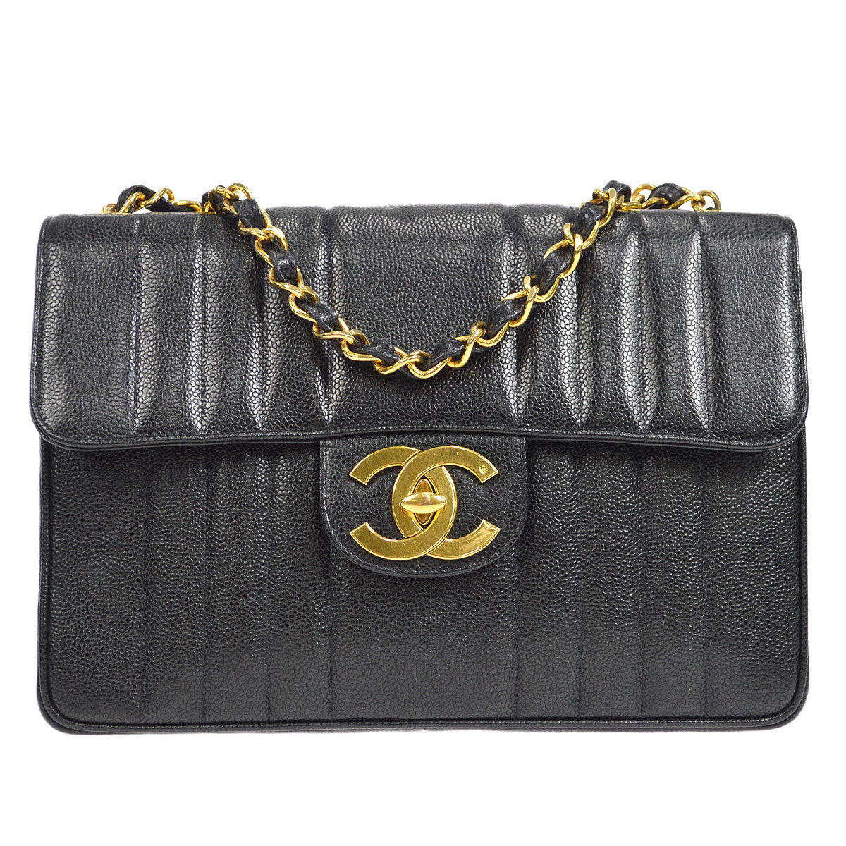 CHANEL★ 1991-1994 Vertical Classic Flap Jumbo Black Caviar 17145