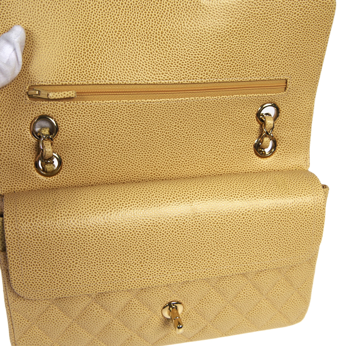 CHANEL 2001-2003 Classic Double Flap Medium Beige Caviar 27228