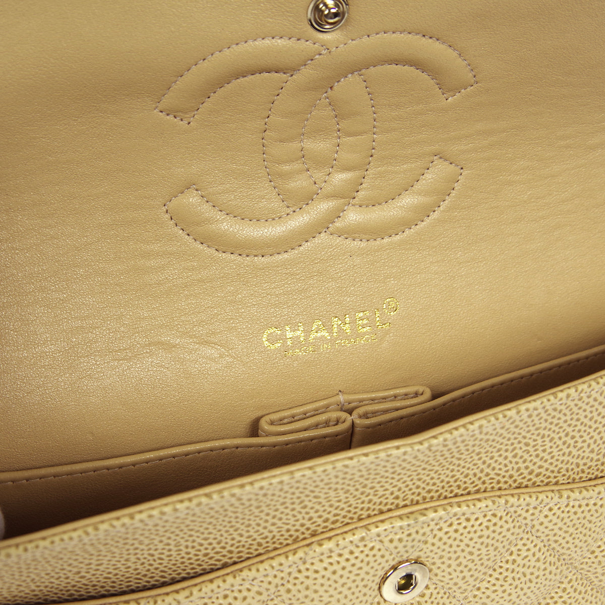 CHANEL 2001-2003 Classic Double Flap Medium Beige Caviar 27228