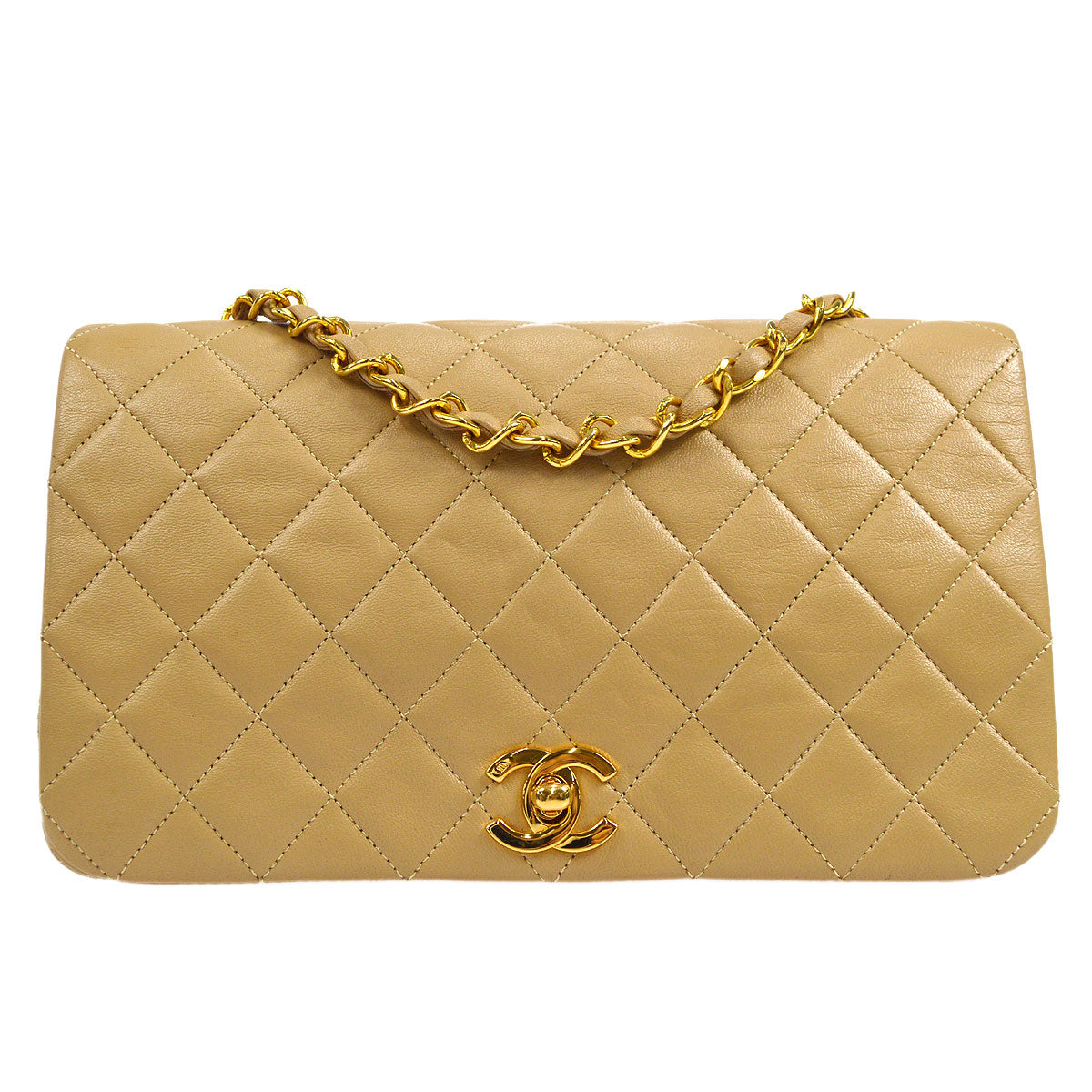 CHANEL★ 1989-1991 CC Turnlock Full Flap Small Beige Lambskin 17276