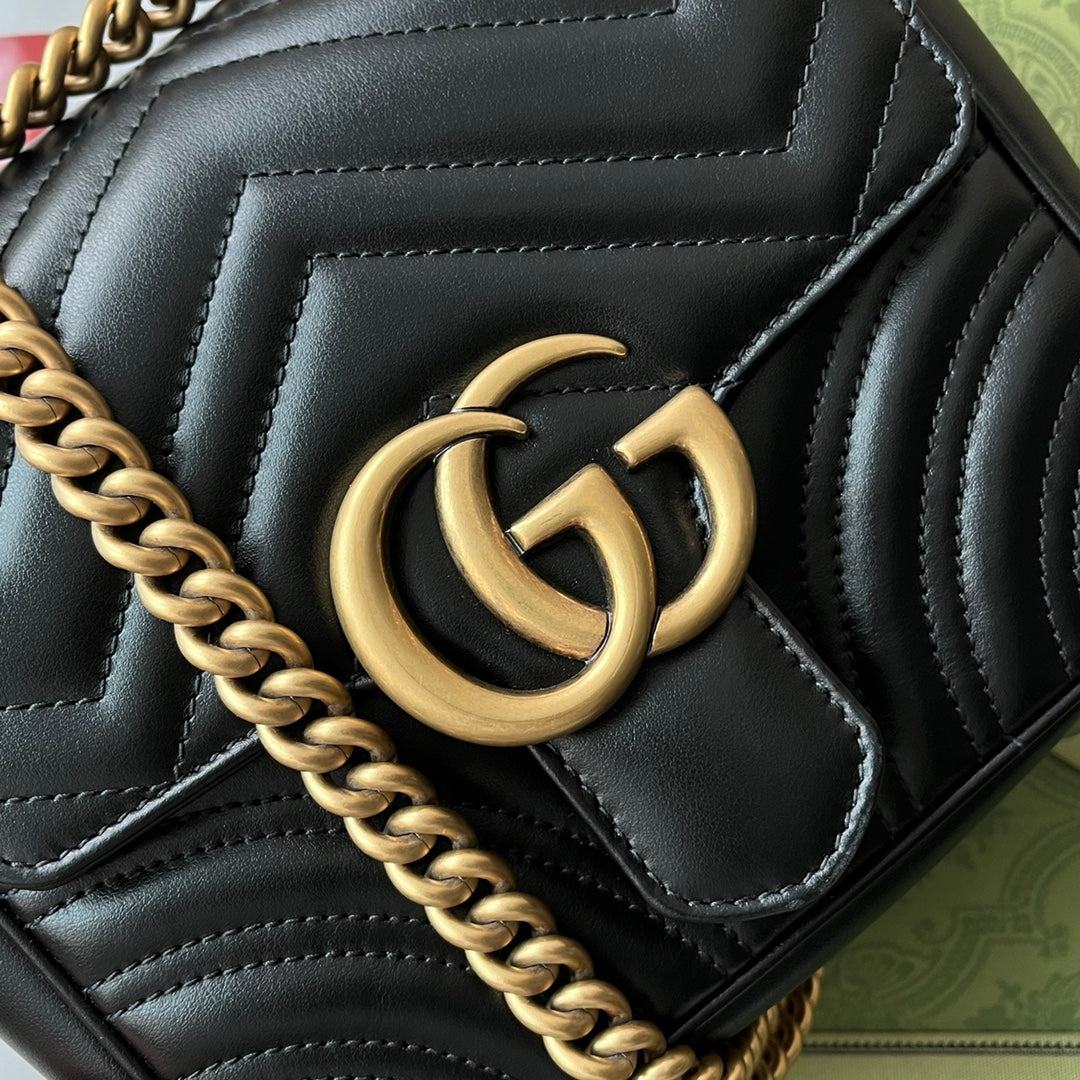 Luxury Gucci gg marmont mini 18cm black calfskin gold hardware