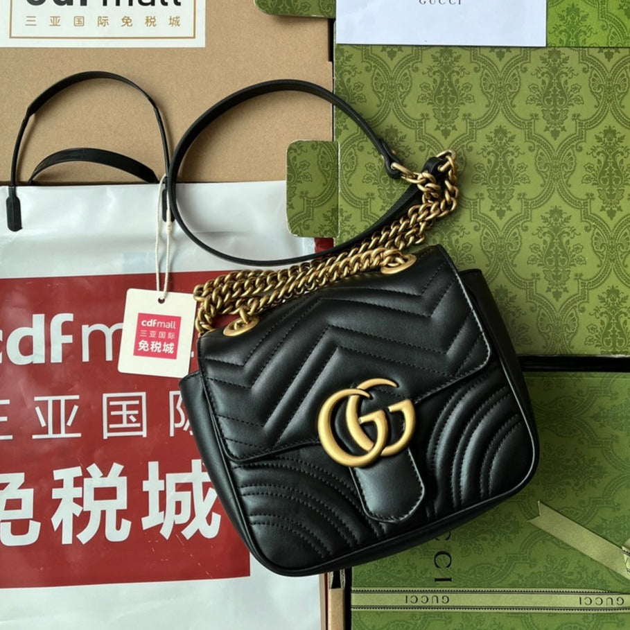 Luxury Gucci gg marmont mini 18cm black calfskin gold hardware