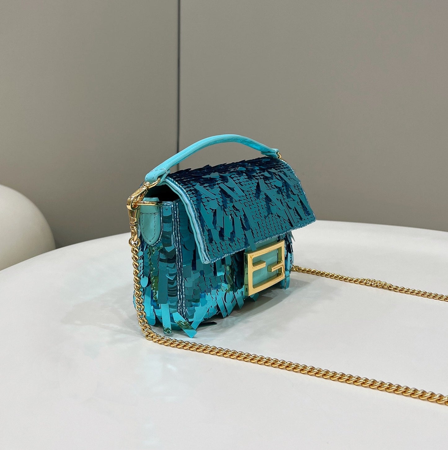 Luxury FendiBAGUETTE MINI 19 IN BRIGHT TURQUOISE SEQUINS GOLD HARDWARE