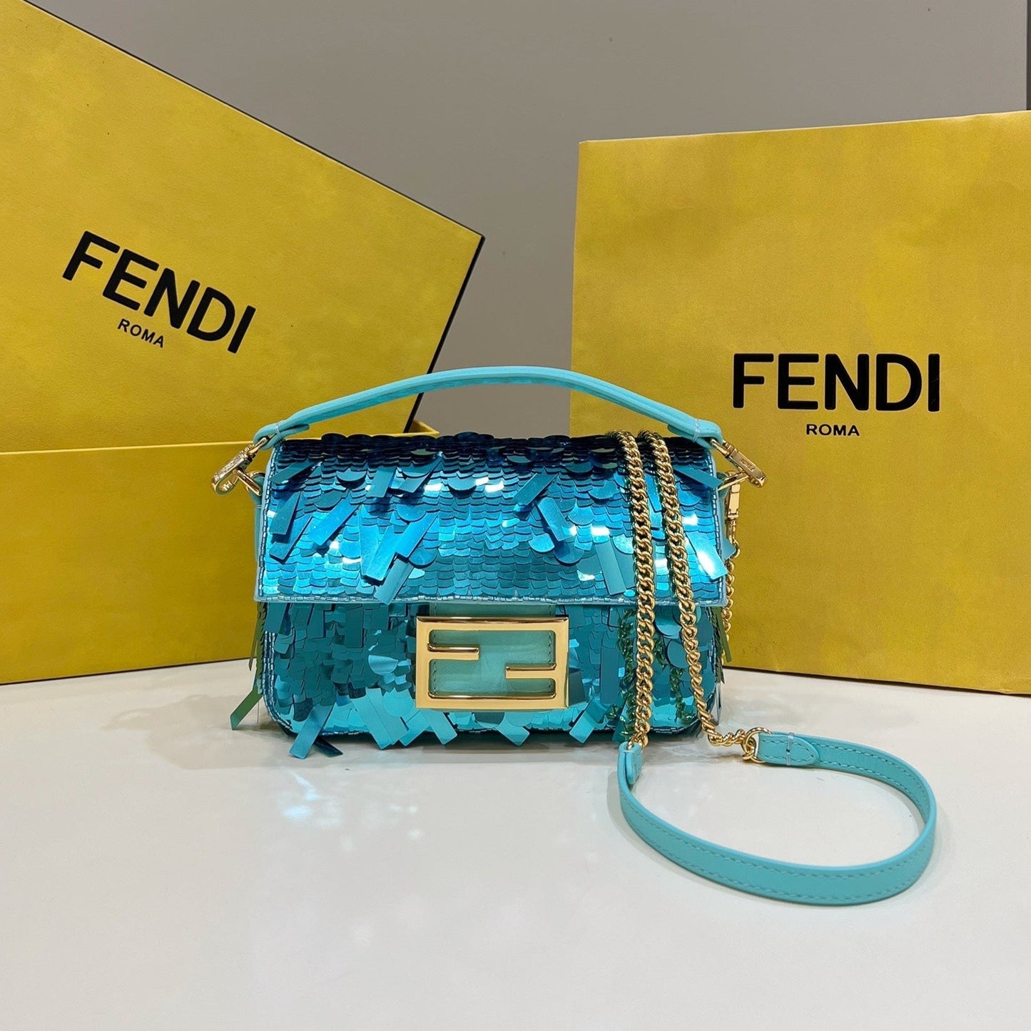 Luxury FendiBAGUETTE MINI 19 IN BRIGHT TURQUOISE SEQUINS GOLD HARDWARE