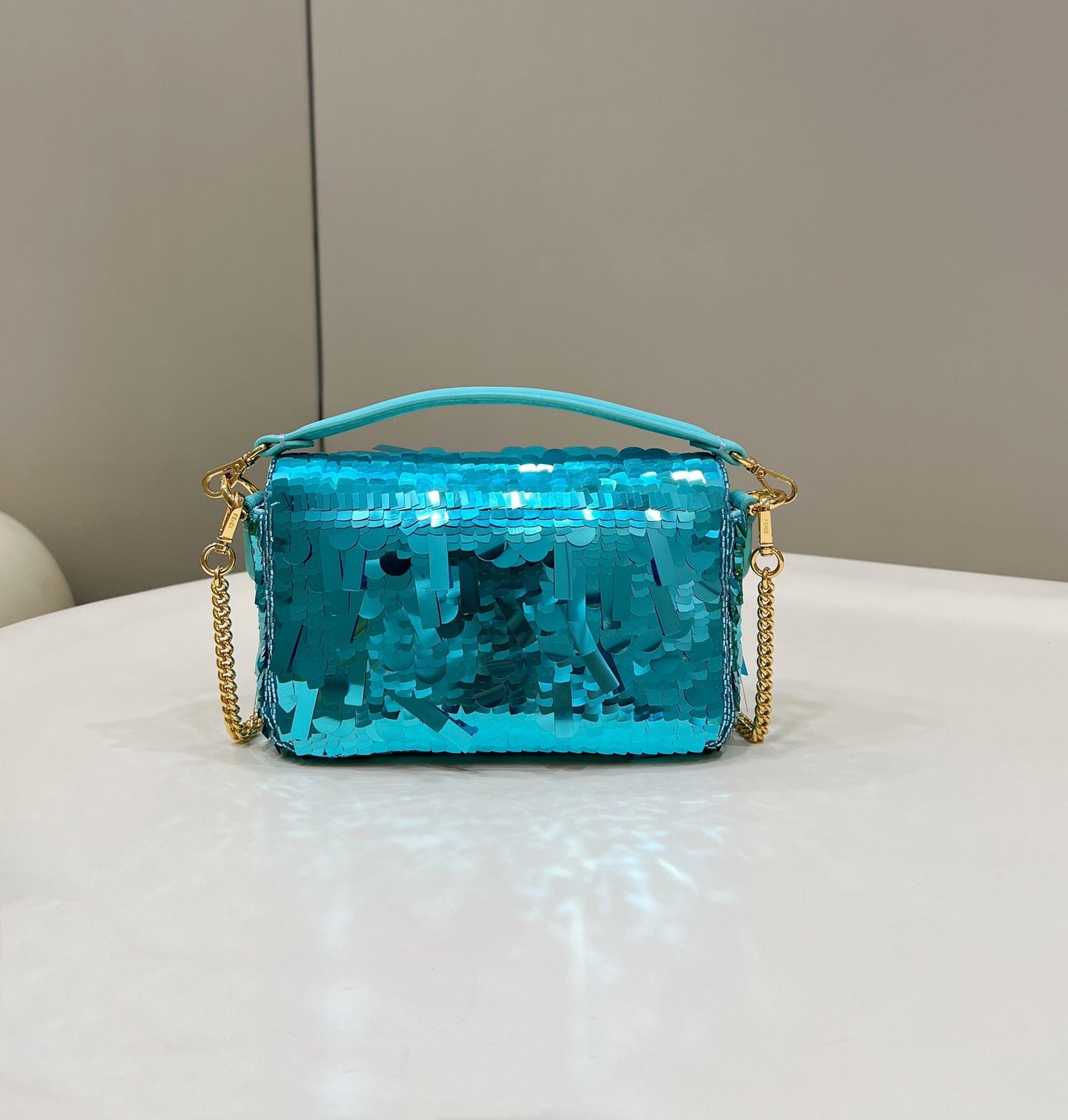 Luxury FendiBAGUETTE MINI 19 IN BRIGHT TURQUOISE SEQUINS GOLD HARDWARE