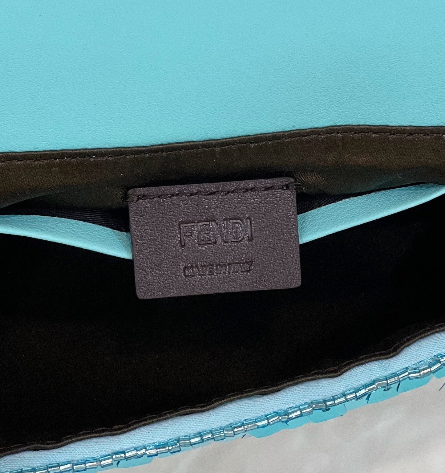 Luxury FendiBAGUETTE MINI 19 IN BRIGHT TURQUOISE SEQUINS GOLD HARDWARE