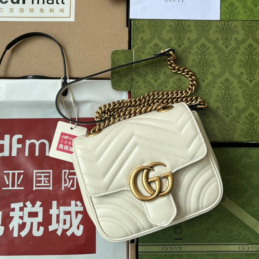Luxury Gucci gg marmont mini 18cm white calfskin gold hardware