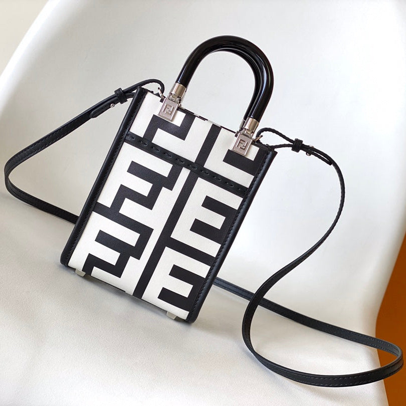 Luxury FendiMINI SUNSHINE SHOPPER BAG 18 IN WHITE MIX BLACK SMOOTH CALFSKIN