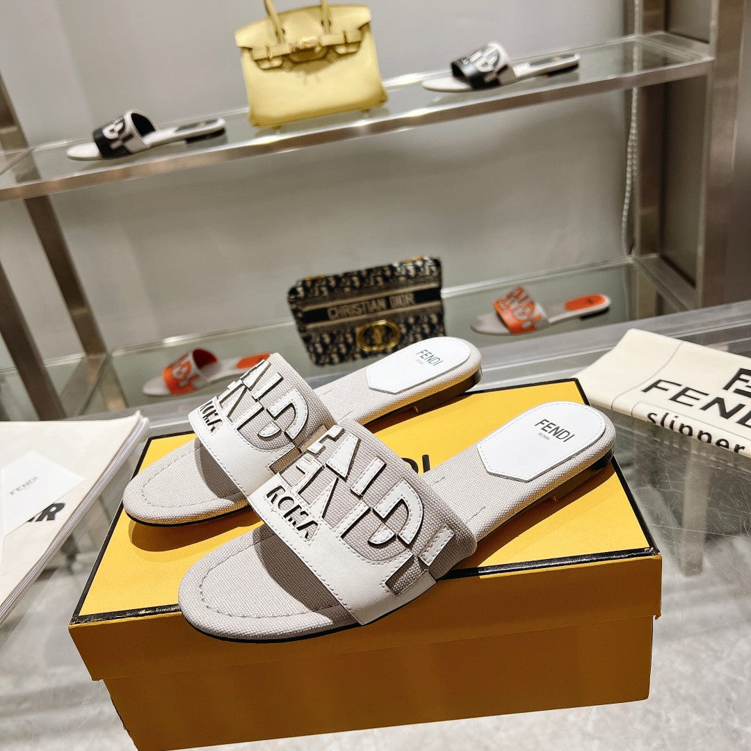 Luxury FendiFF Women Roma Signature White Grey Canvas Leather Slide