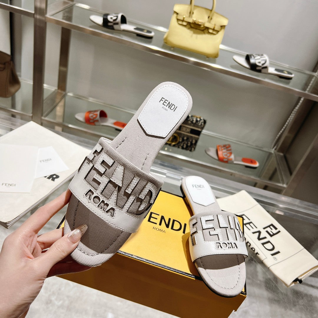 Luxury FendiFF Women Roma Signature White Grey Canvas Leather Slide