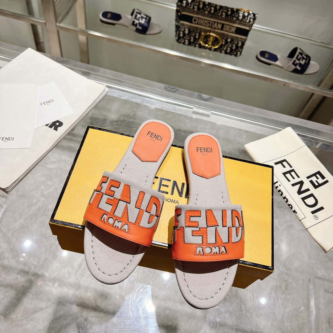 Luxury FendiFF Women Roma Signature Orange Grey Canvas Leather Slide