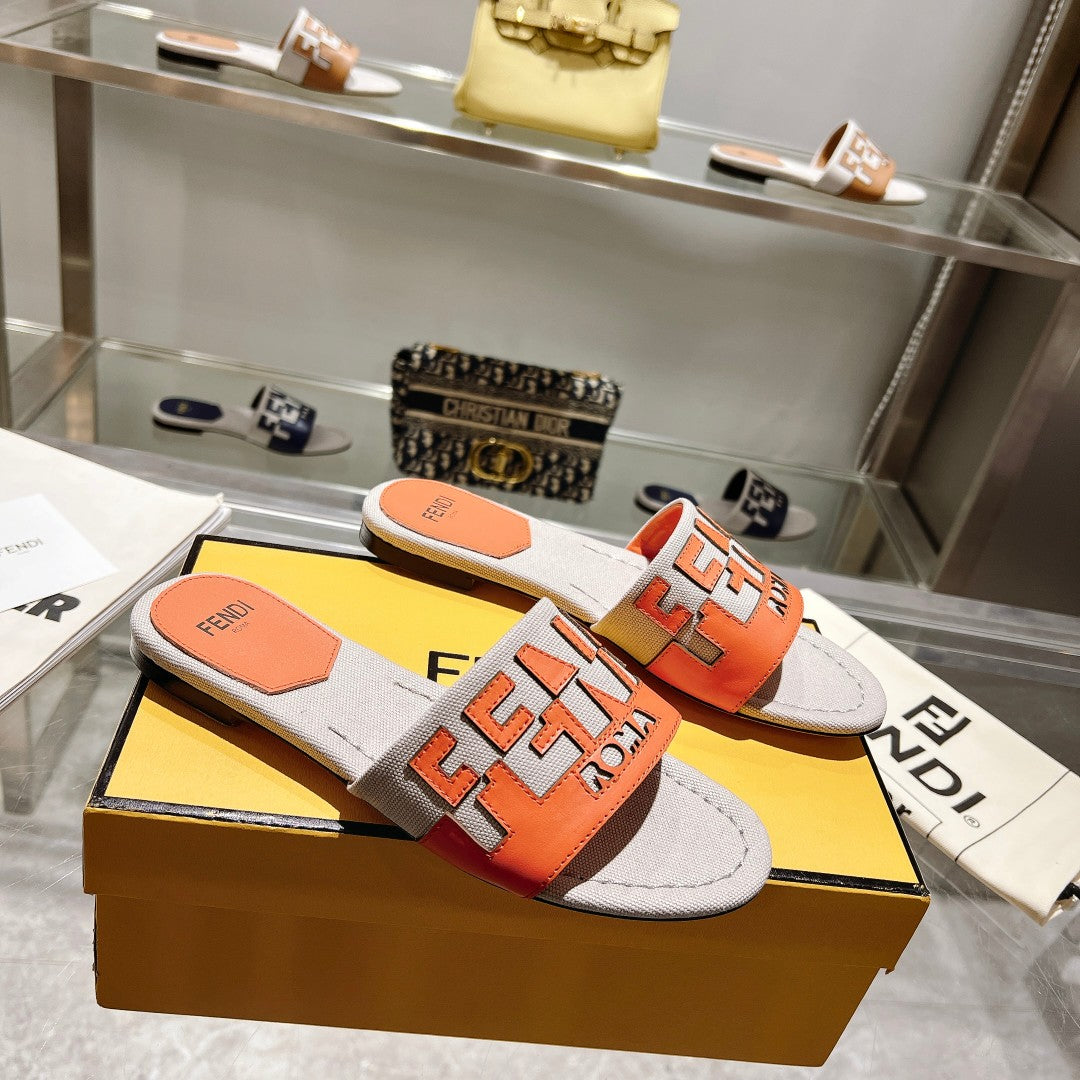 Luxury FendiFF Women Roma Signature Orange Grey Canvas Leather Slide