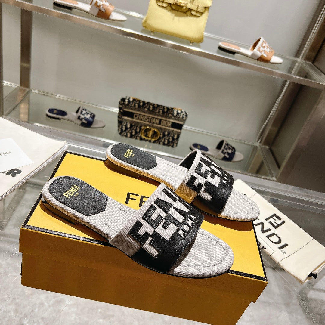 Luxury FendiFF Women Roma Signature Black Grey Canvas Leather Slide