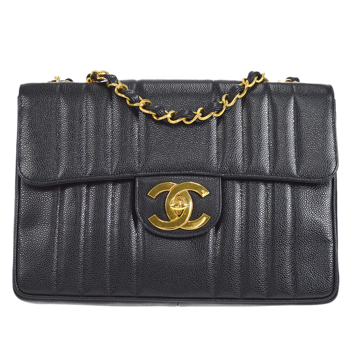 CHANEL★ 1991-1994 Vertical Classic Flap Jumbo Black Caviar 27226
