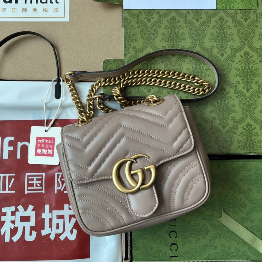 Luxury Gucci gg marmont mini 18cm dark nude calfskin gold hardware