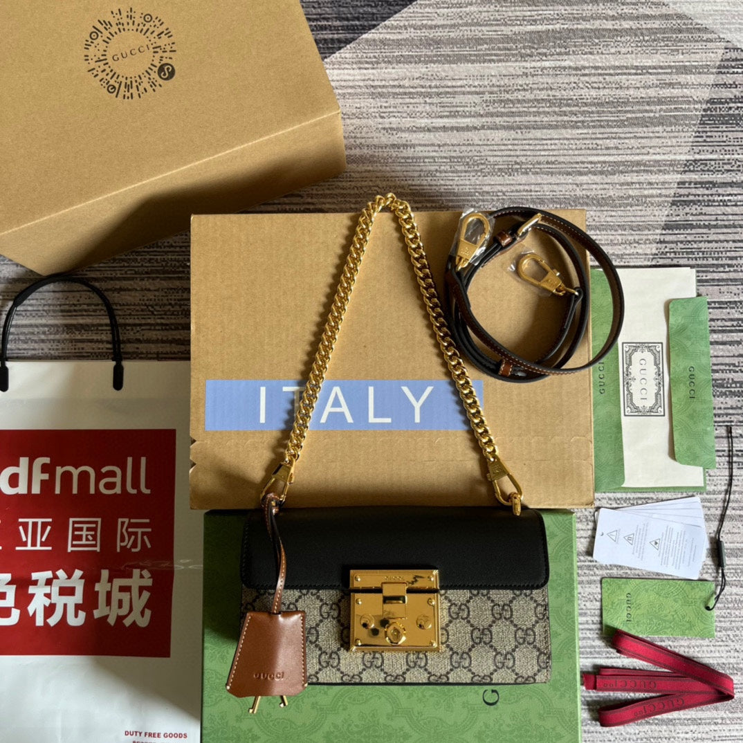 Luxury Gucci PADLOCK 22 SMALL GG BAG IN BLACK CALFSKIN AND BEIGE CANVAS