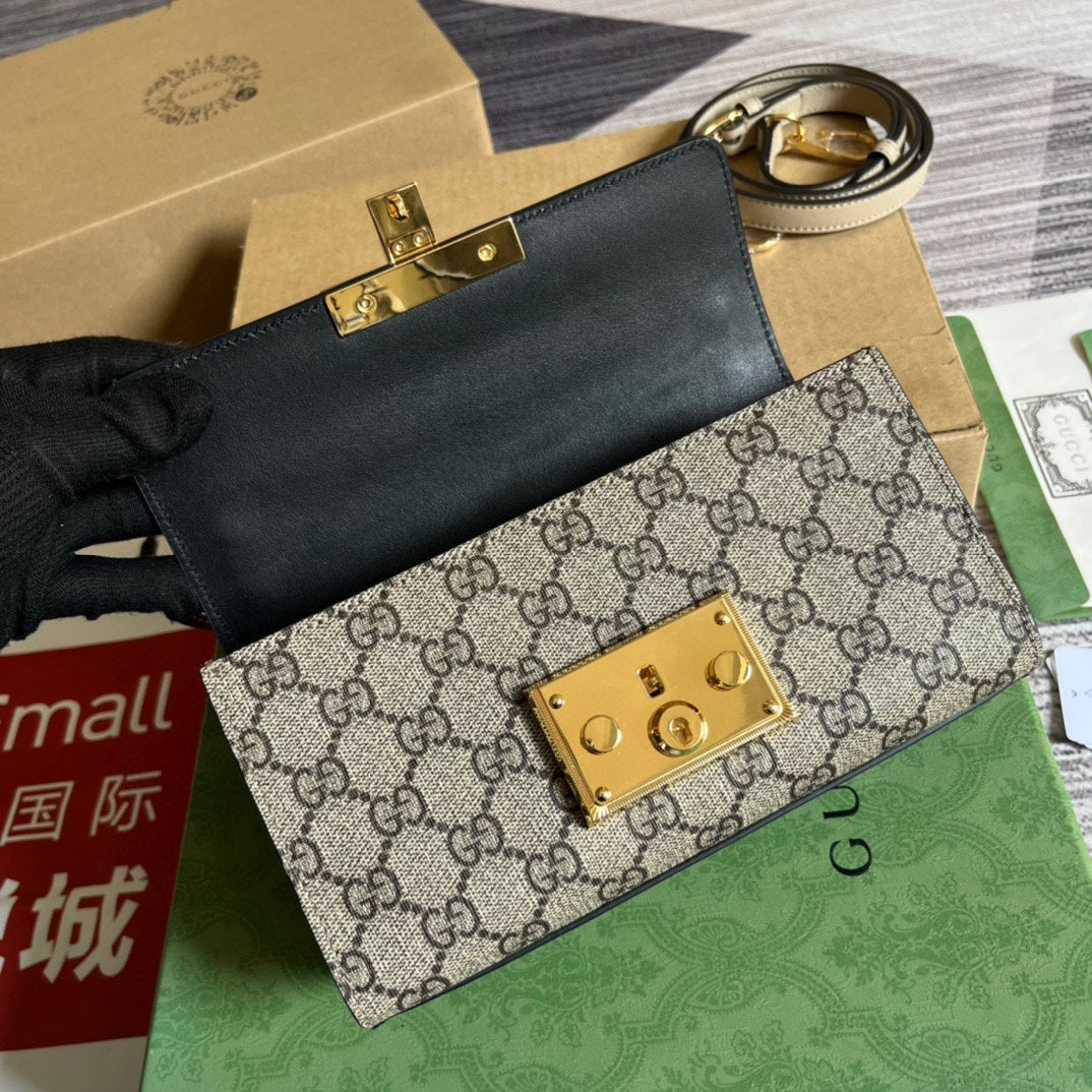 Luxury Gucci PADLOCK 22 SMALL GG BAG IN BLACK CALFSKIN AND BEIGE CANVAS