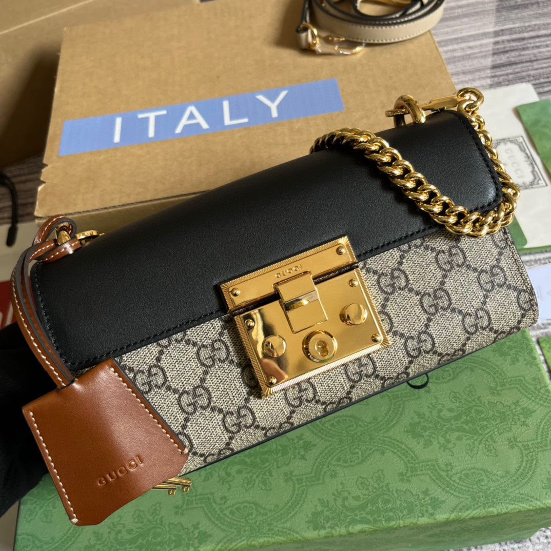 Luxury Gucci PADLOCK 22 SMALL GG BAG IN BLACK CALFSKIN AND BEIGE CANVAS