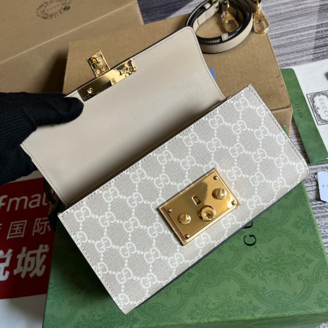 Luxury Gucci PADLOCK 22 SMALL GG SHOULDER BAG IN BEIGE CALFSKIN AND CANVAS