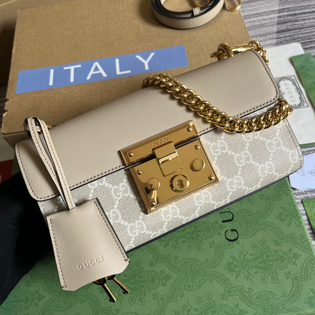 Luxury Gucci PADLOCK 22 SMALL GG SHOULDER BAG IN BEIGE CALFSKIN AND CANVAS