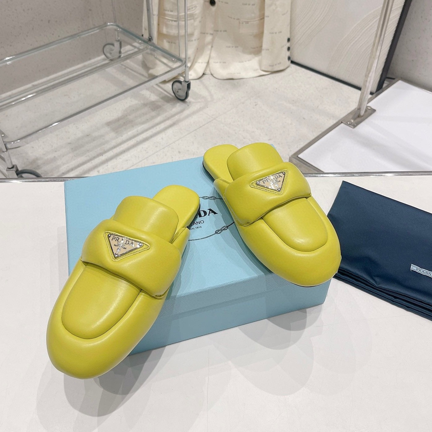 Luxury PradaSOFT PADDED NAPPA SHEARLING MULES LIME LAMBSKIN
