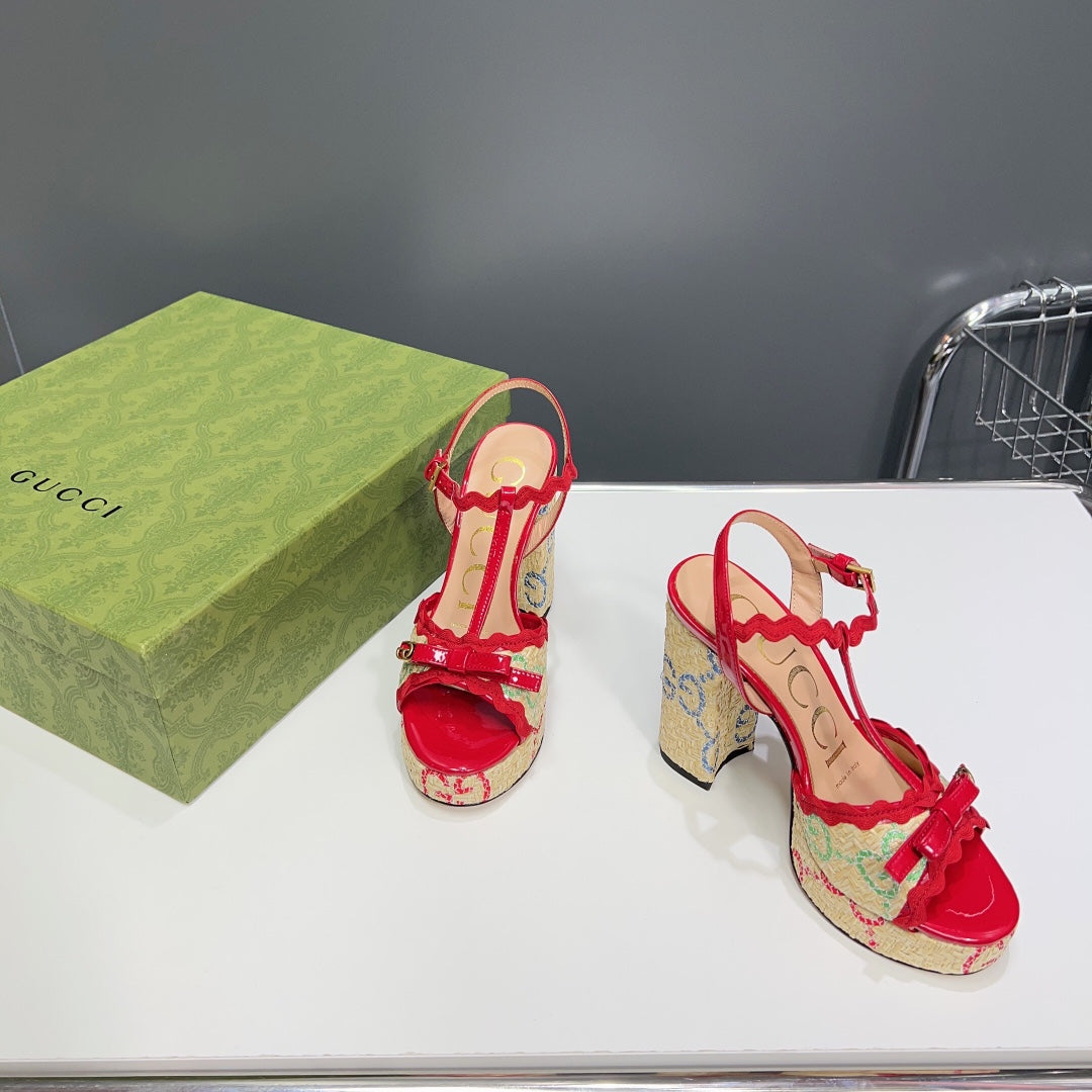 Luxury Gucci GG Platform Black Heel 105 Sandal Red Calfskin Beige Raffia