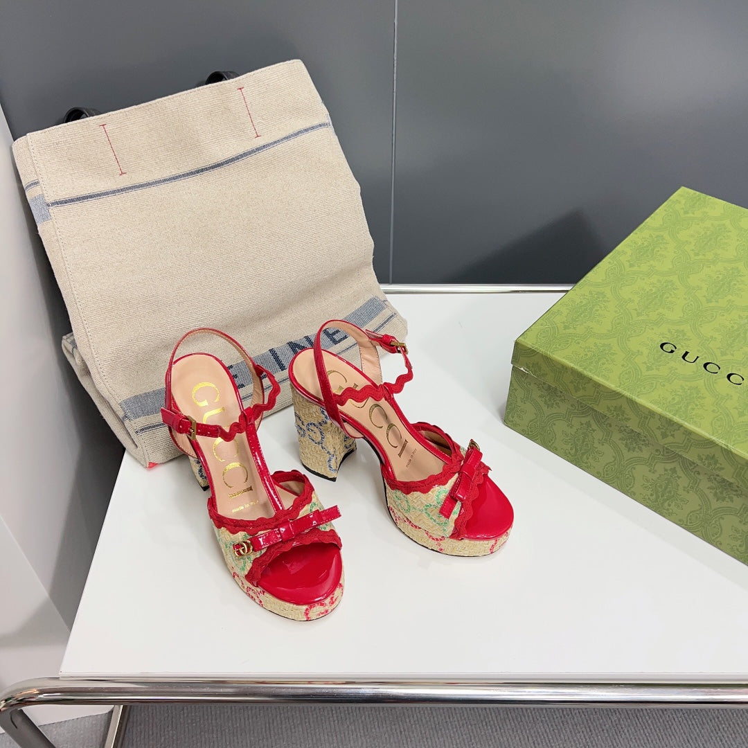 Luxury Gucci GG Platform Black Heel 105 Sandal Red Calfskin Beige Raffia