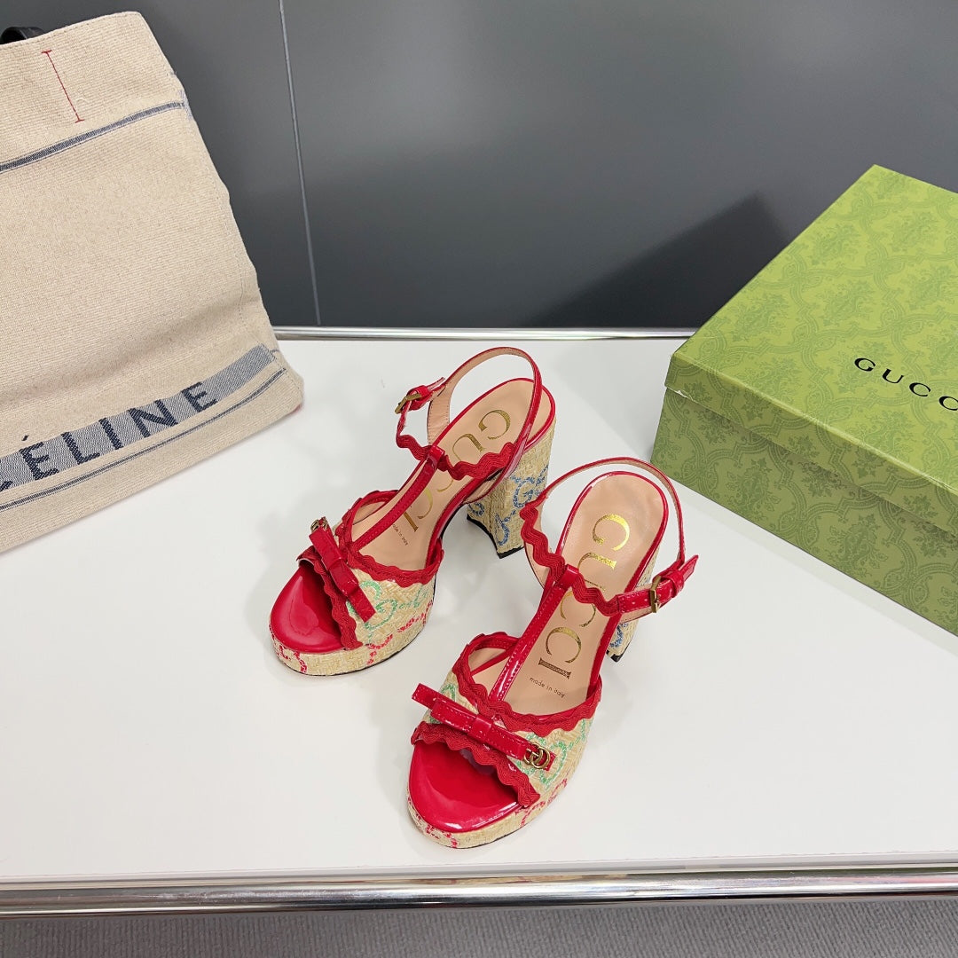 Luxury Gucci GG Platform Black Heel 105 Sandal Red Calfskin Beige Raffia