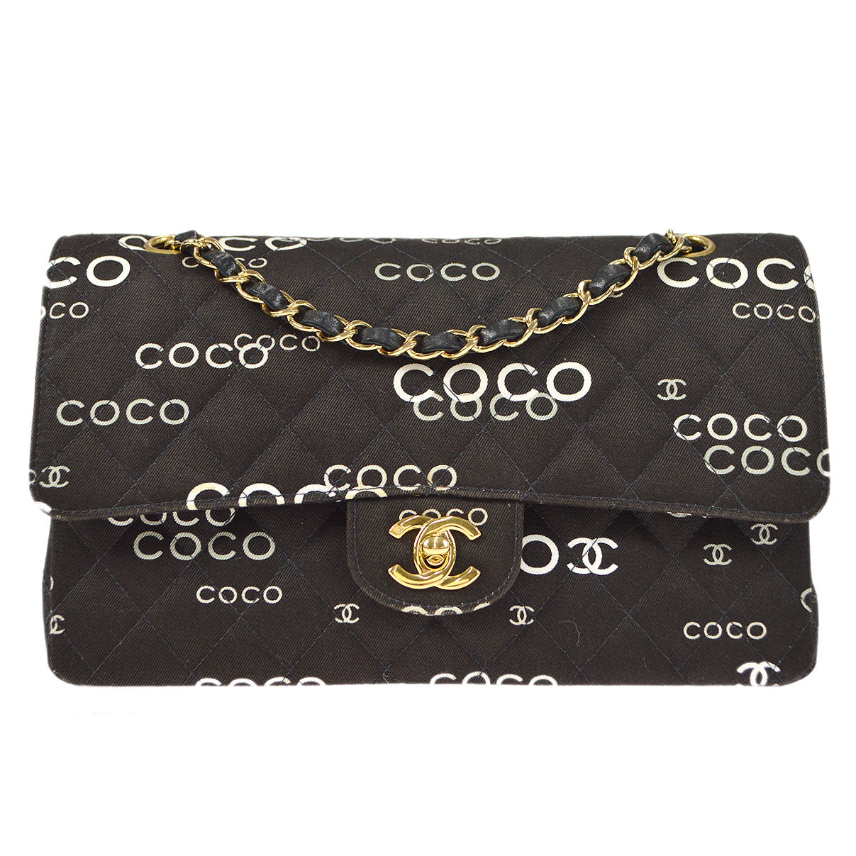CHANEL 2001-2003 COCO patterned Classic Double Flap Medium Black Canvas 47523
