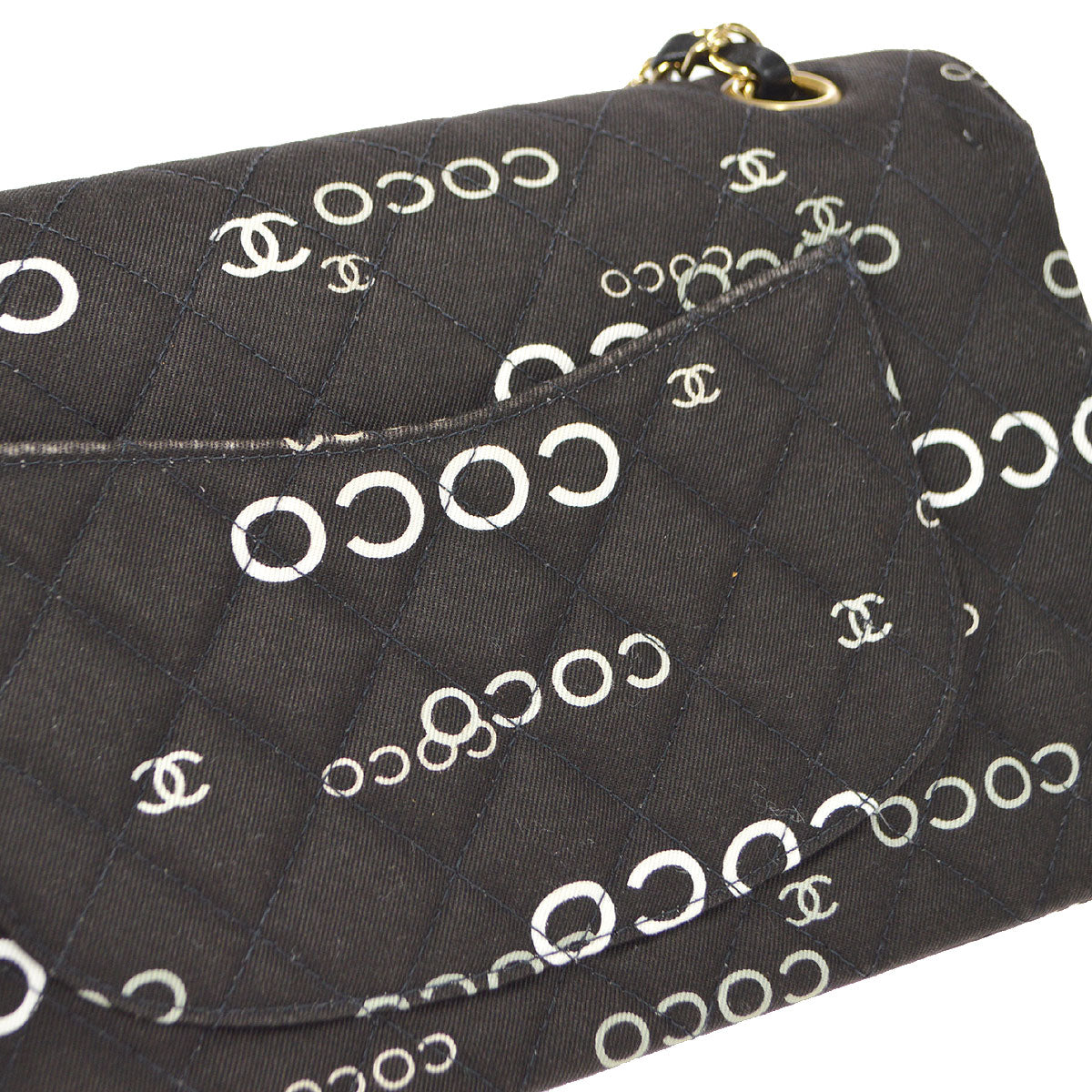 CHANEL 2001-2003 COCO patterned Classic Double Flap Medium Black Canvas 47523