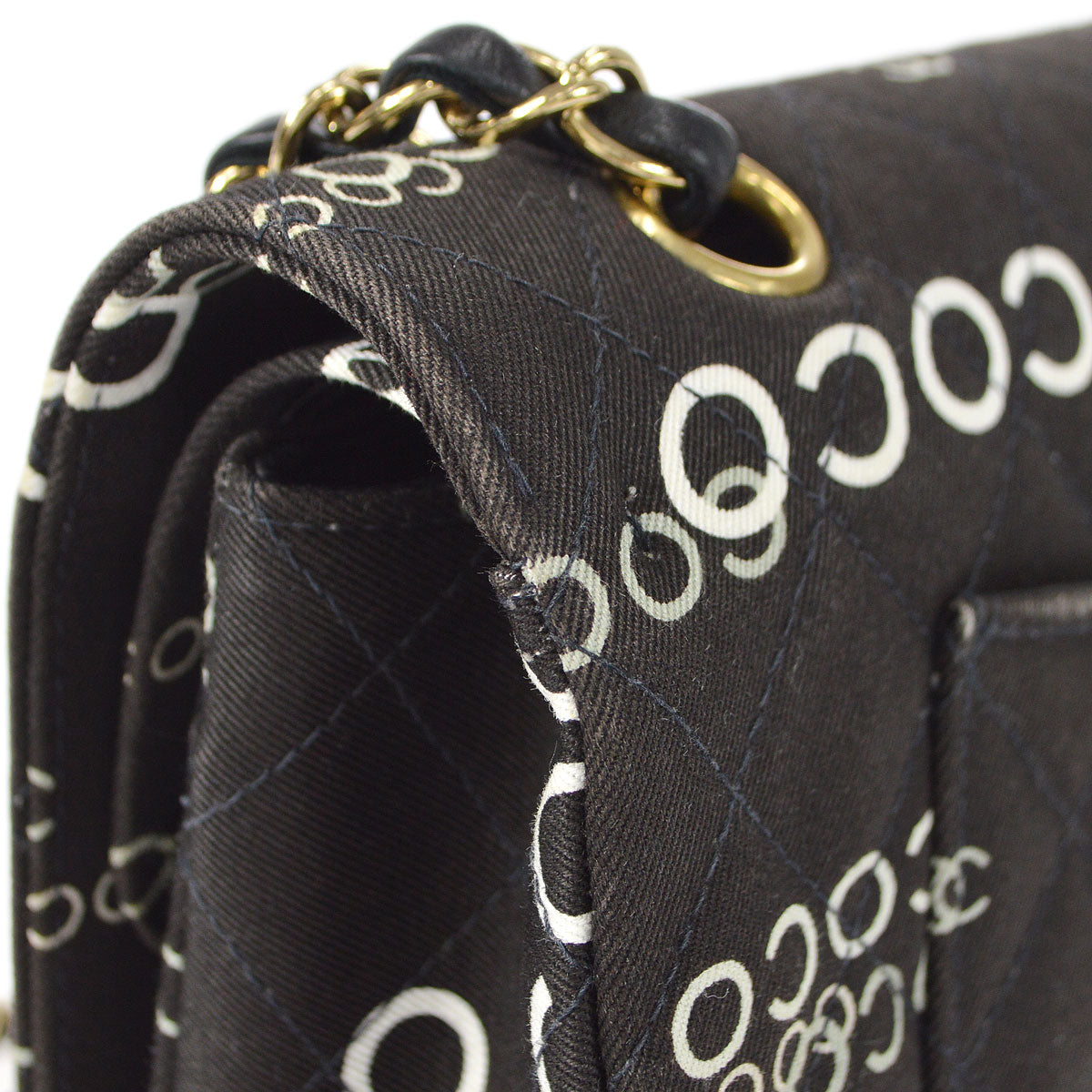 CHANEL 2001-2003 COCO patterned Classic Double Flap Medium Black Canvas 47523