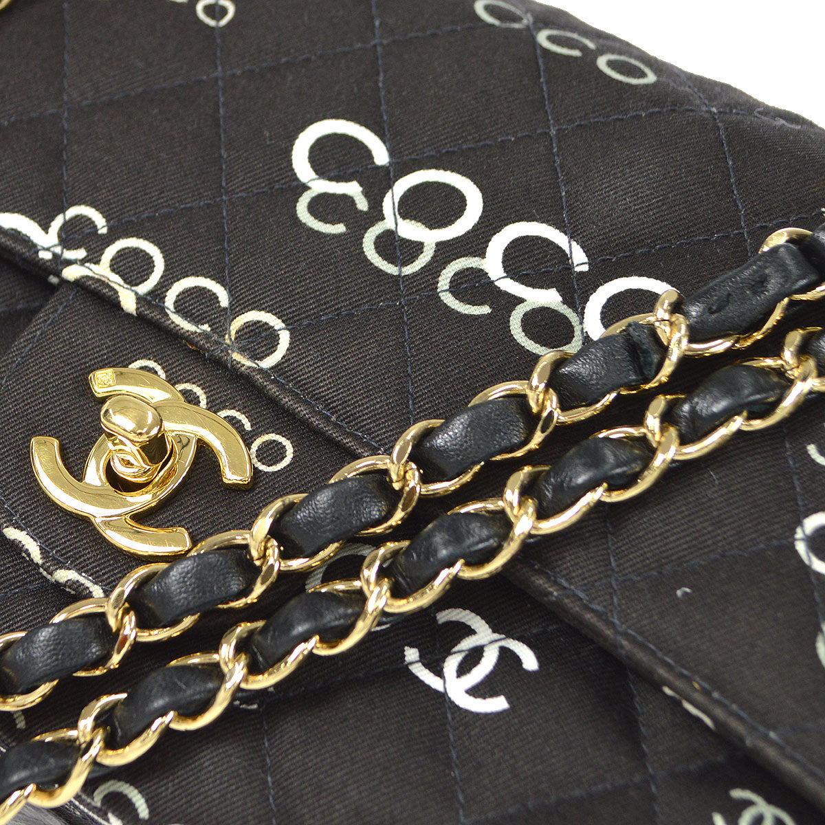 CHANEL 2001-2003 COCO patterned Classic Double Flap Medium Black Canvas 47523