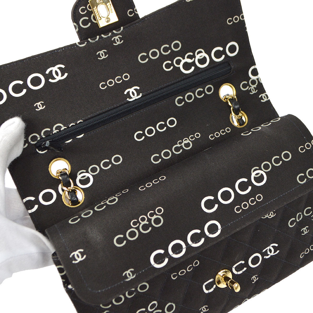 CHANEL 2001-2003 COCO patterned Classic Double Flap Medium Black Canvas 47523