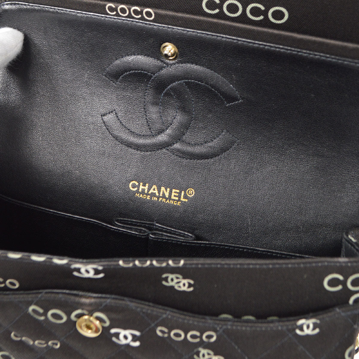 CHANEL 2001-2003 COCO patterned Classic Double Flap Medium Black Canvas 47523