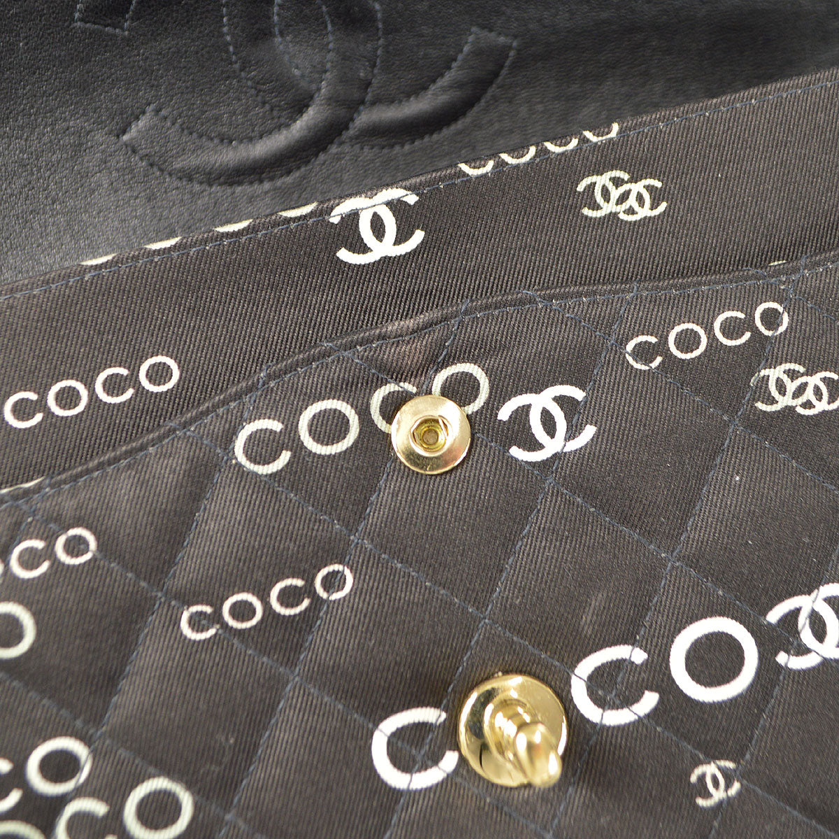 CHANEL 2001-2003 COCO patterned Classic Double Flap Medium Black Canvas 47523