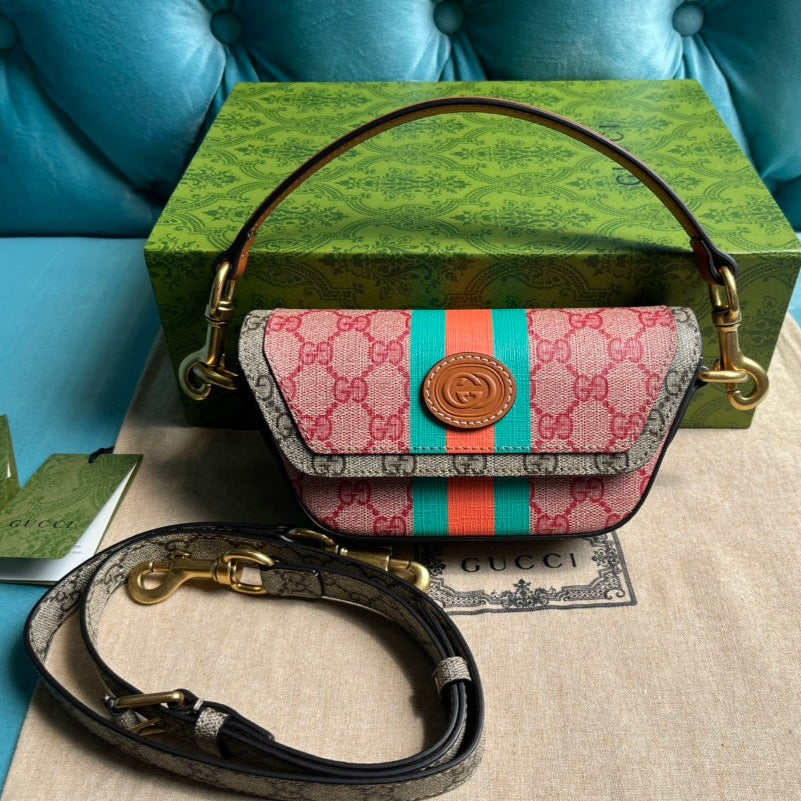 Luxury Gucci GG MINI 13 HANDBAG IN LIGHT PINK AND BEIGE CANVAS