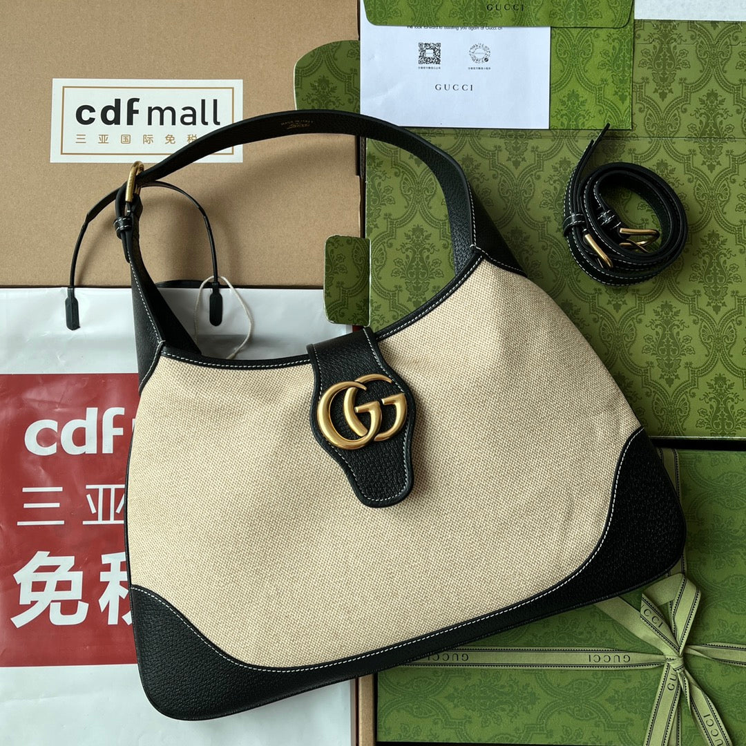 Luxury Gucci MEDIUM APHRODITE 39 BAG IN BEIGE CANVAS AND BLACK CALFSKIN GOLD HARDWARE