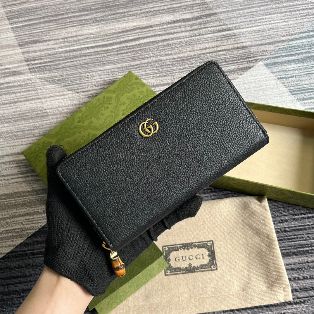 Luxury Gucci GG MARMONT 19 ZIP-AROUND WALLET BLACK CALFSKIN
