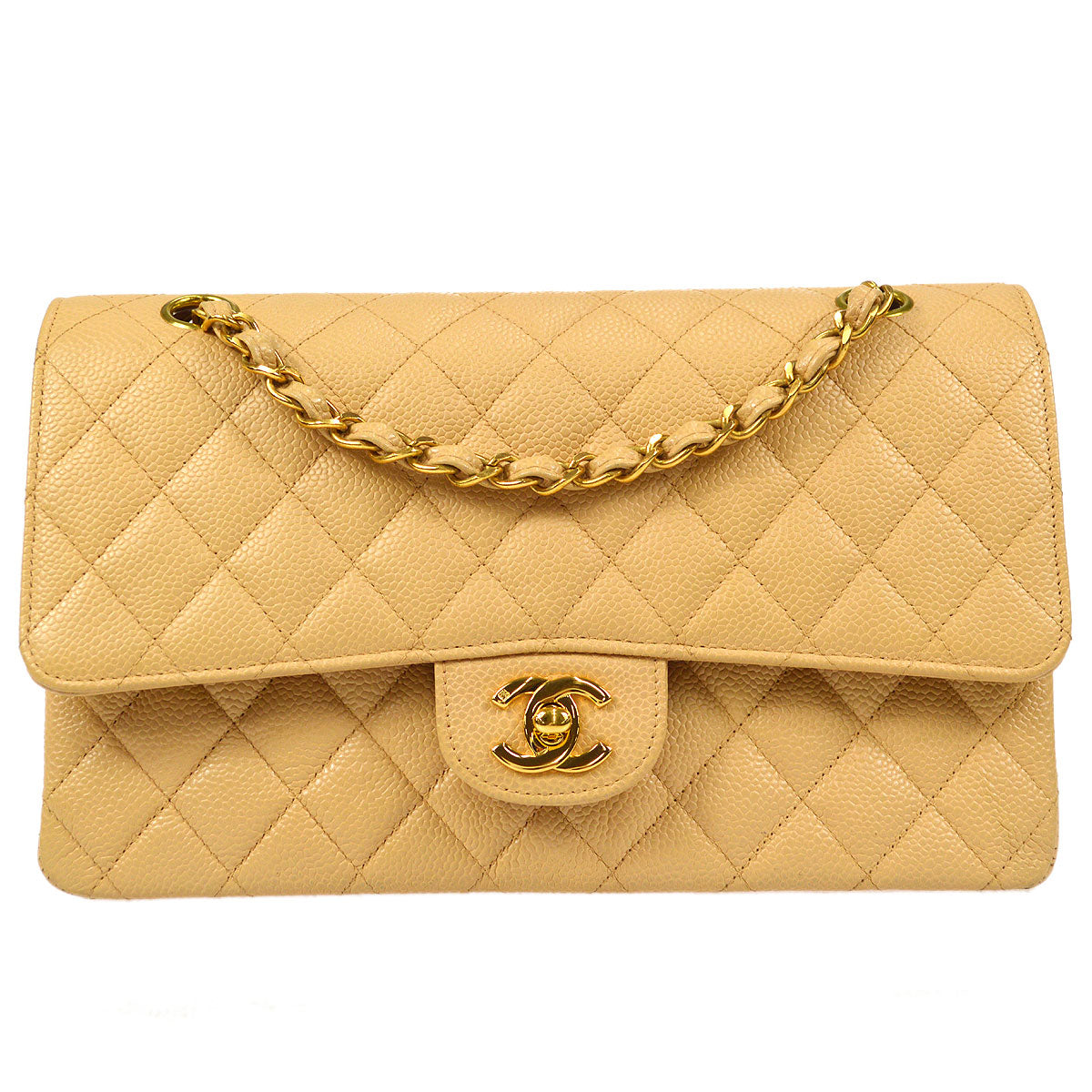 CHANEL Classic Double Flap Medium Shoulder Bag Beige Caviar 48531