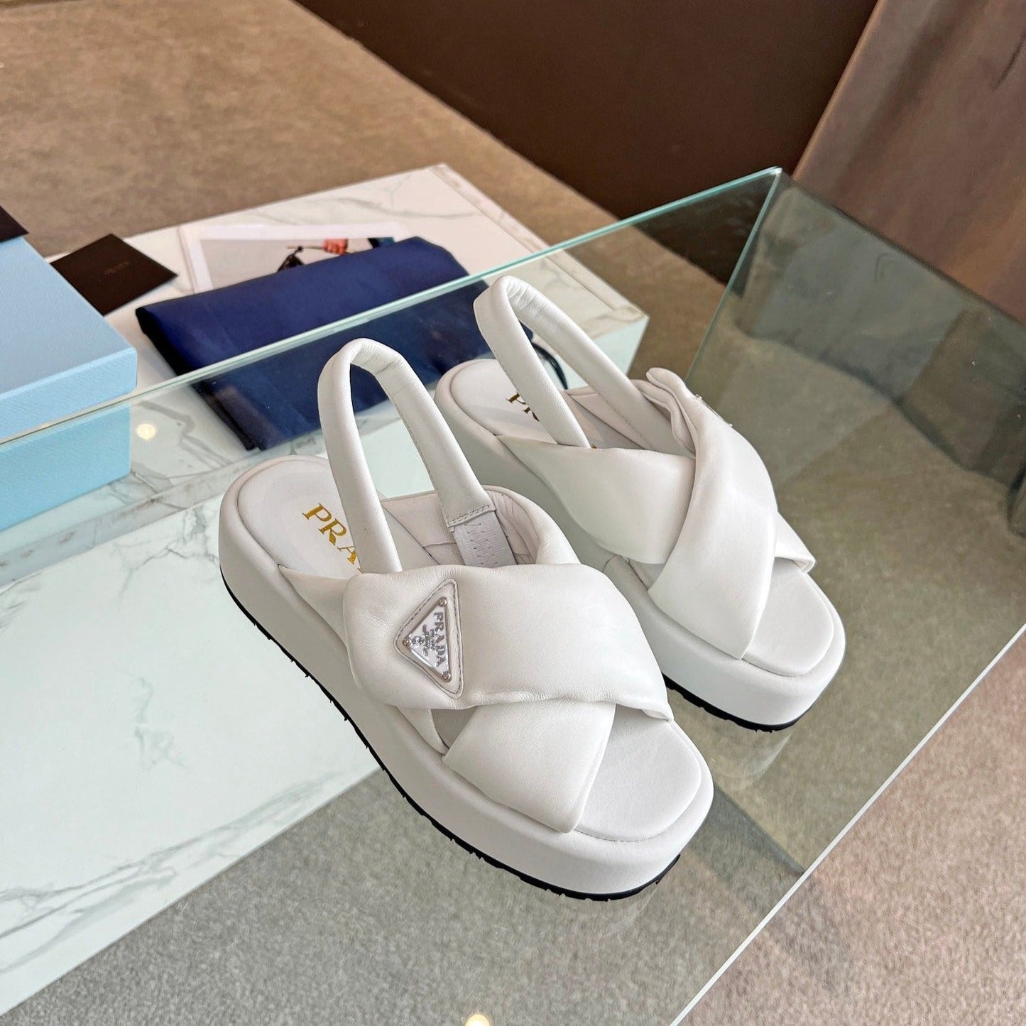 Luxury PradaPADDED NAPPA CRISSCROSS SANDALS WHITE LAMBSKIN