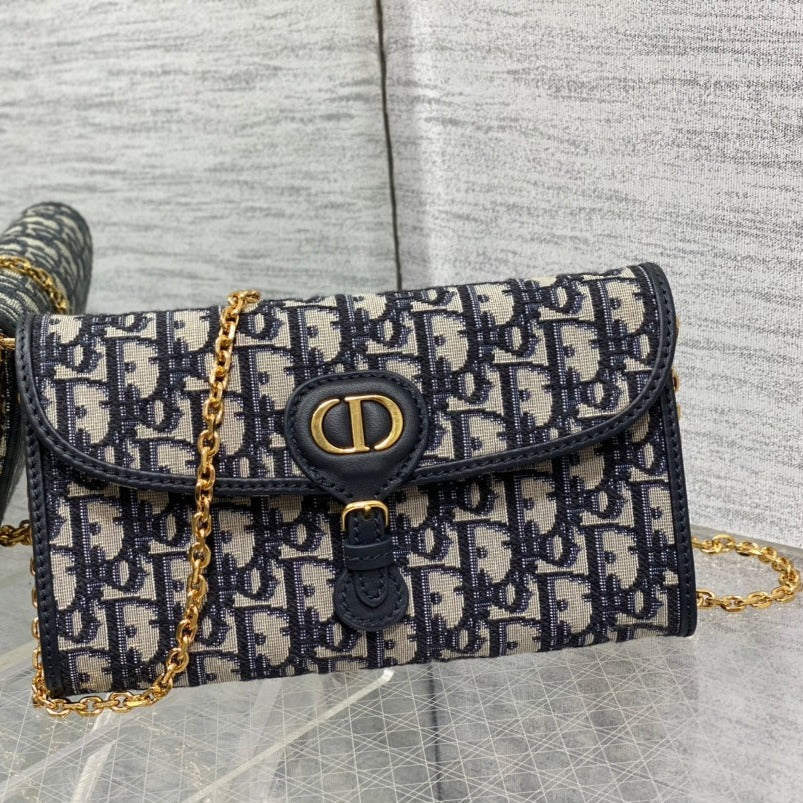 Luxury Diorbobby east west pouch 22cm blue oblique with chain