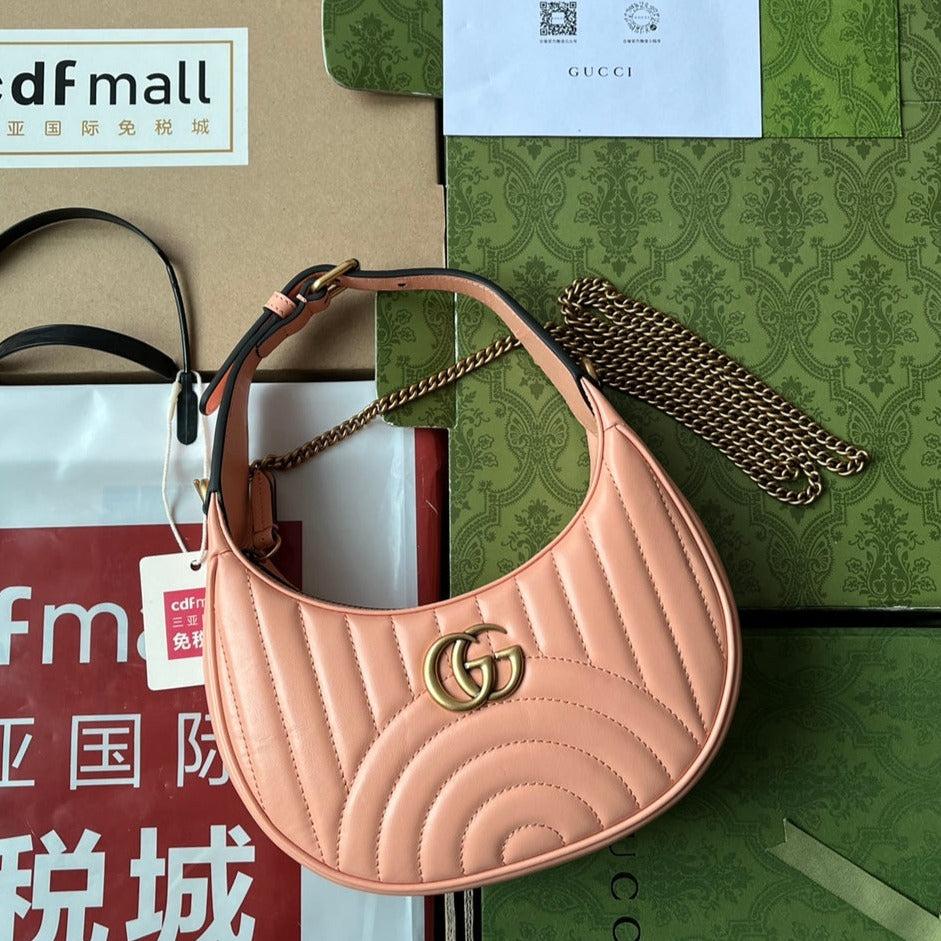 Luxury Gucci gg marmont half-moon shaped 21cm peach calfskin gold hardware