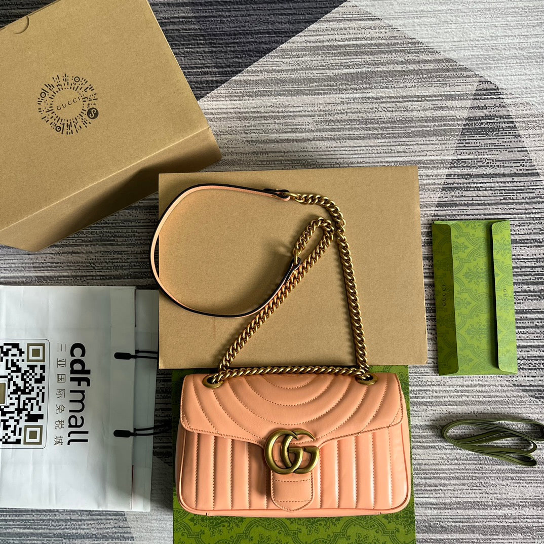 Luxury Gucci GG MARMONT 26 CLASSIC BAG IN PEACH PINK CALFSKIN