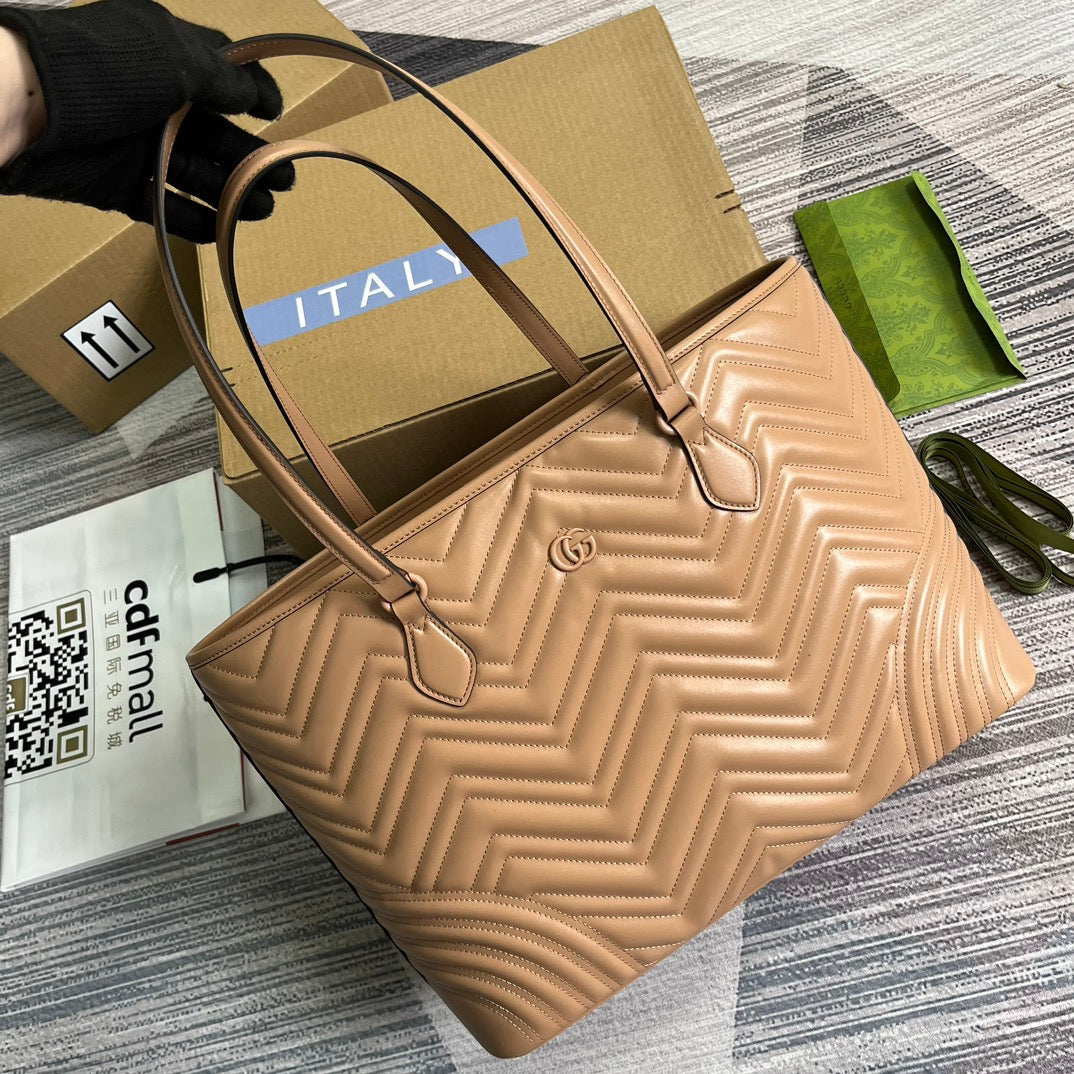 Luxury Gucci GG MARMONT LARGE 38 TOTE IN BEIGE CAMEL CALFSKIN