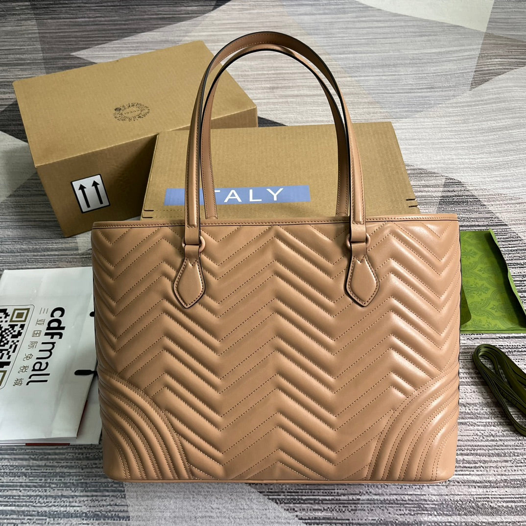 Luxury Gucci GG MARMONT LARGE 38 TOTE IN BEIGE CAMEL CALFSKIN