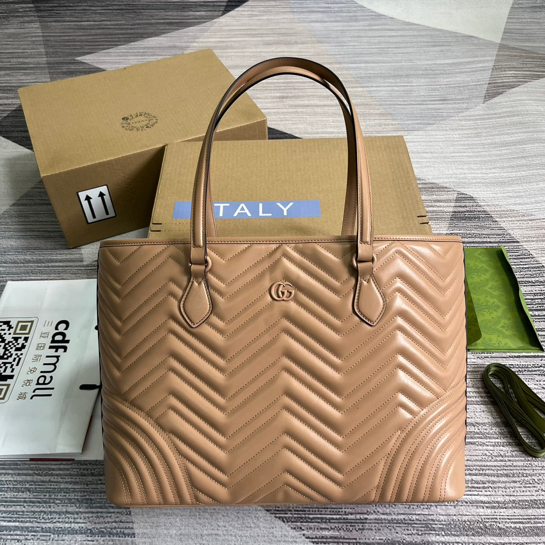 Luxury Gucci GG MARMONT LARGE 38 TOTE IN BEIGE CAMEL CALFSKIN