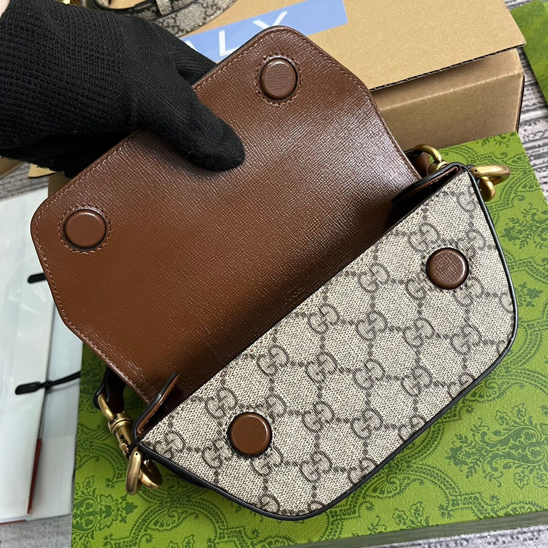 Luxury Gucci GG MINI 13 HANDBAG IN BEIGE CANVAS AND BROWN CALFSKIN