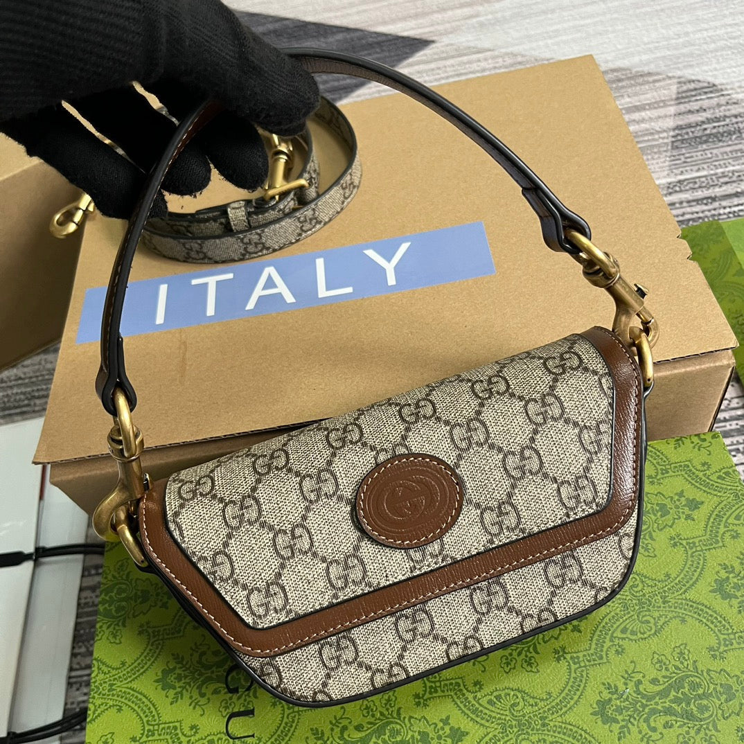 Luxury Gucci GG MINI 13 HANDBAG IN BEIGE CANVAS AND BROWN CALFSKIN