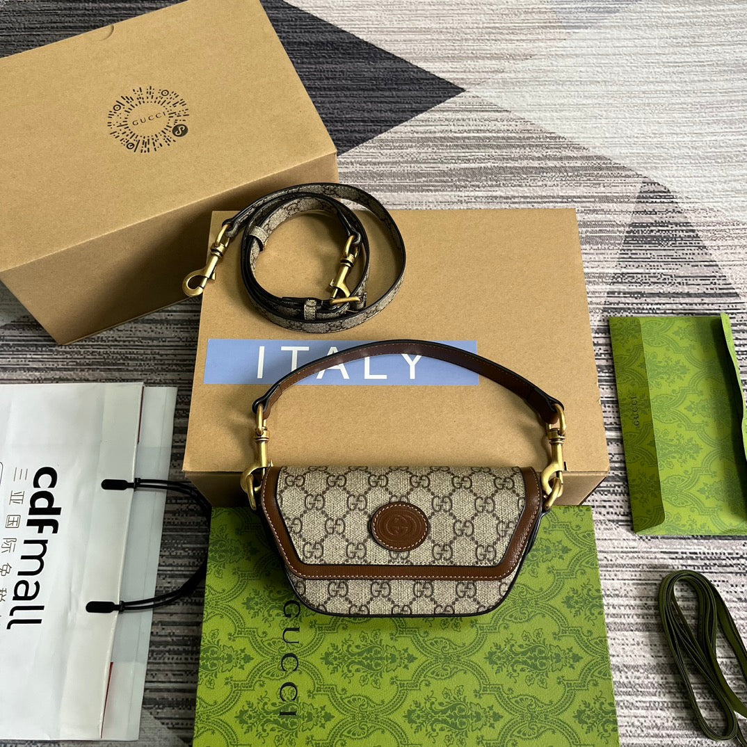 Luxury Gucci GG MINI 13 HANDBAG IN BEIGE CANVAS AND BROWN CALFSKIN