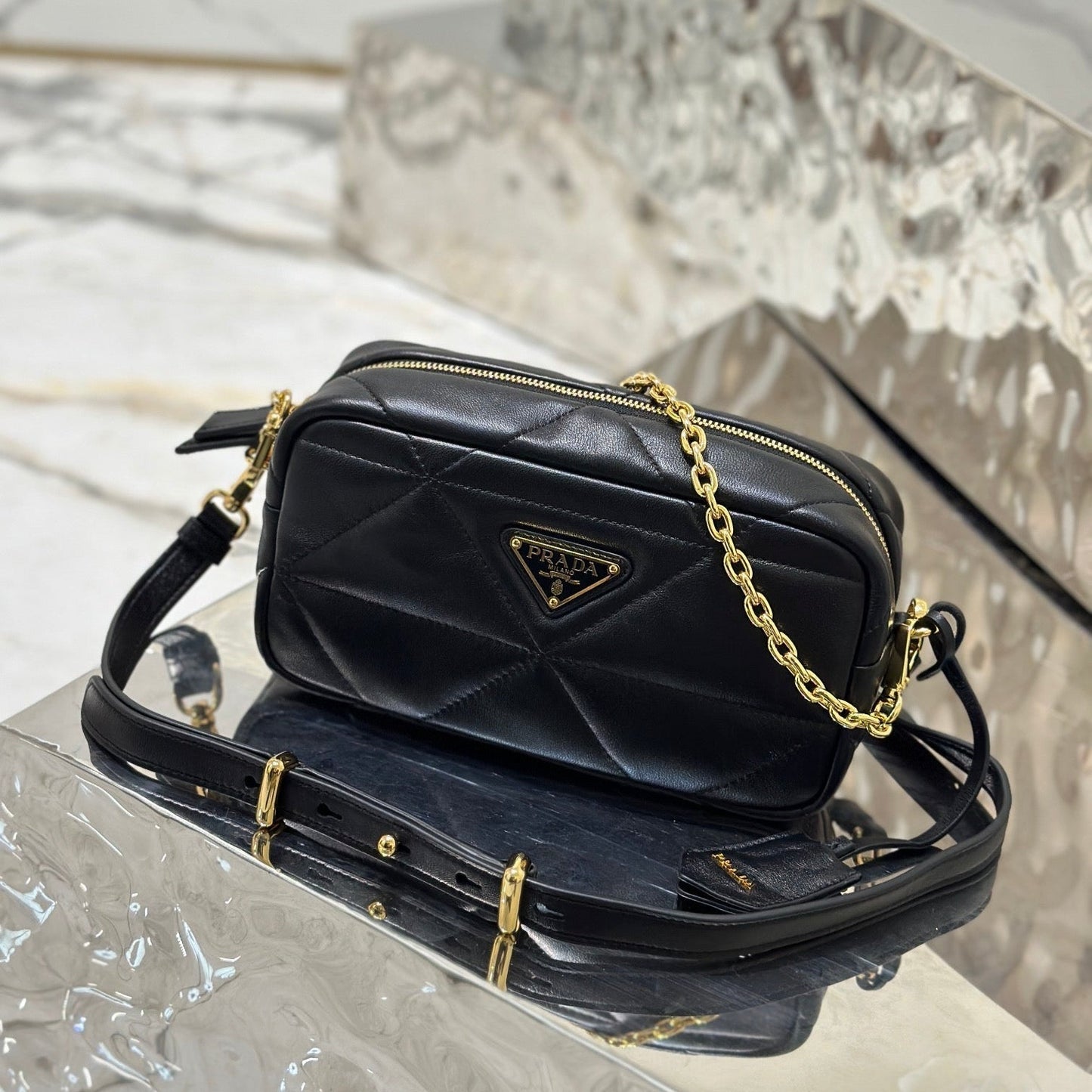 Luxury PradaCAMERA BAG 22 IN BLACK TRIANGLE PATTERN QUILTED LAMBSKIN GOLD HARDWARE